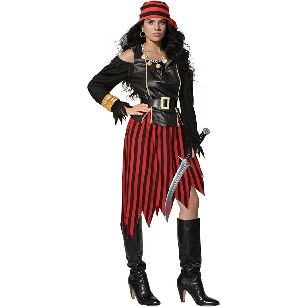 Women Pirate Costume Set Renaissance Top Skirt Accessories for Halloween - Picture 5 of 6